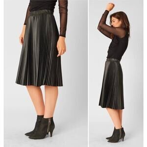 Adrienne Landau Black Pleated Faux Leather Midi Skirt XS NWT